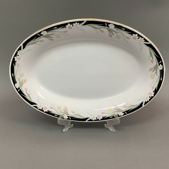 Crown Ming Michelle Oval Platter Plate Gold Trim Multicolor Floral Black Band - Picture 1 of 5